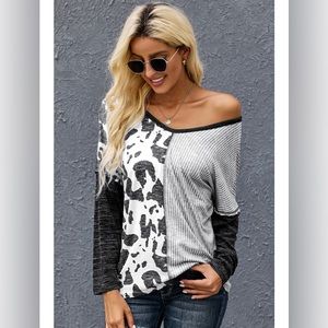 Gray spot print color block long sleeve blouse